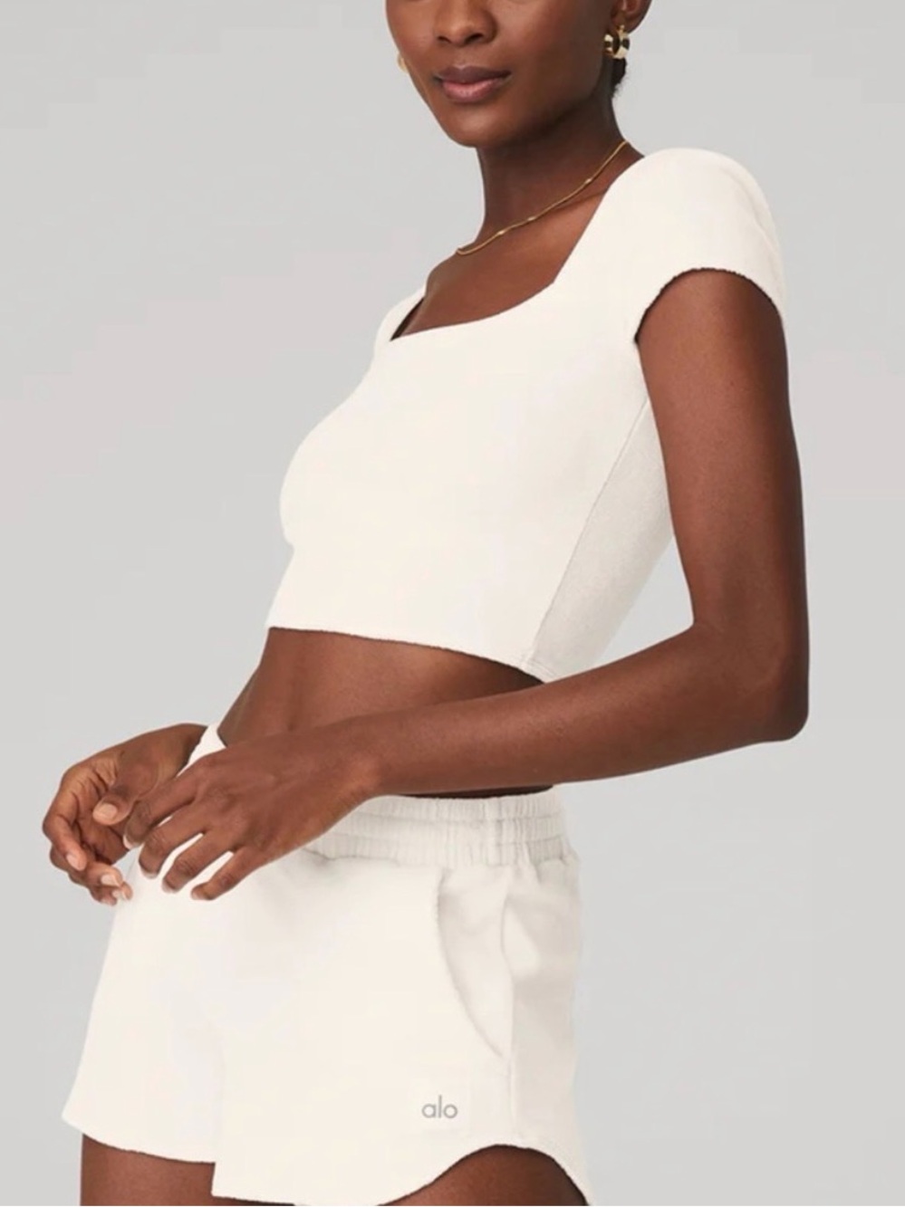 Alo Terry Shorts and Cropped Top Set in cream color - Picture 6 of 6